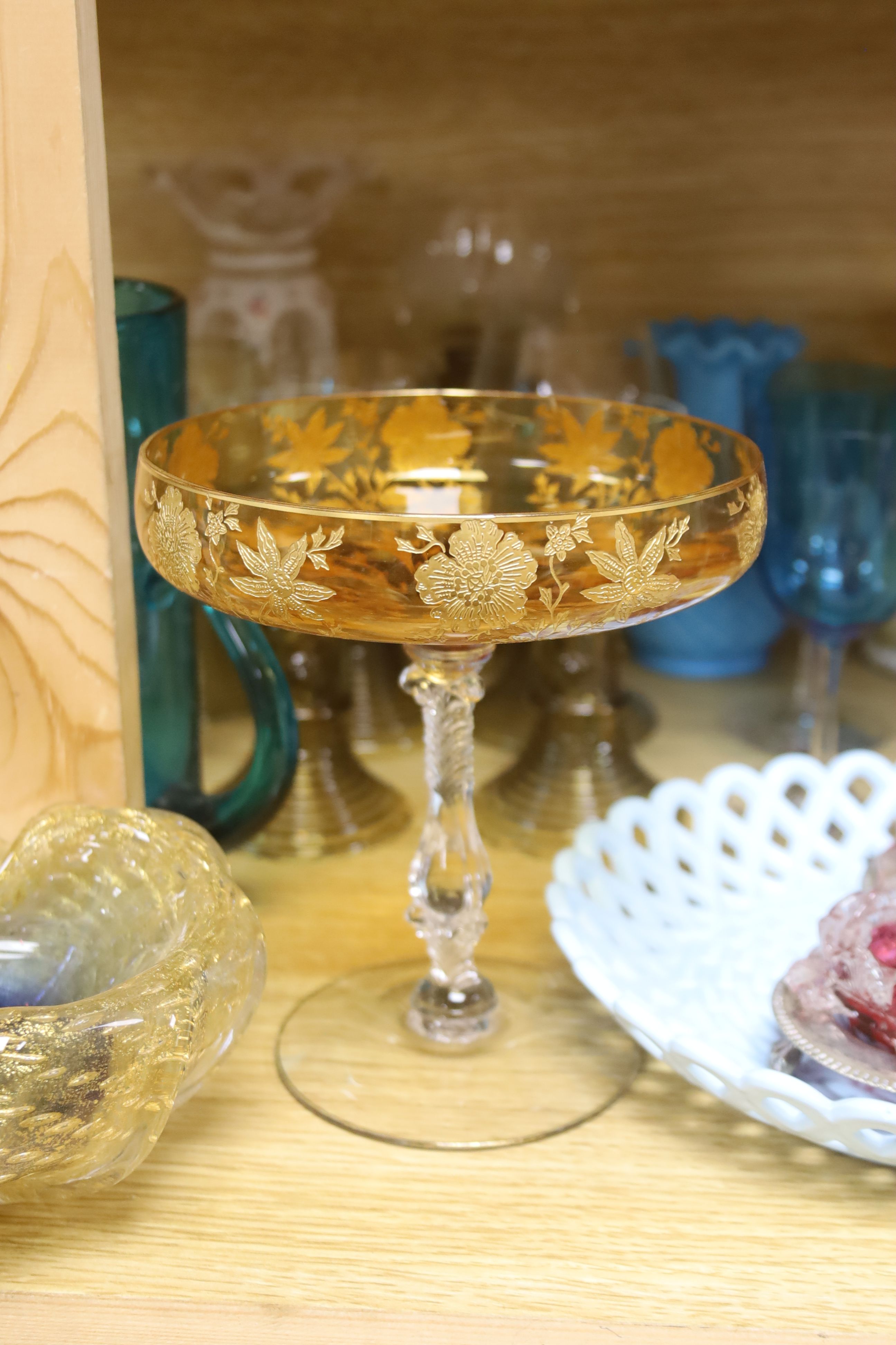 An assortment of 19th century and later coloured glassware including cranberry, Bohemian, Venetian etc.